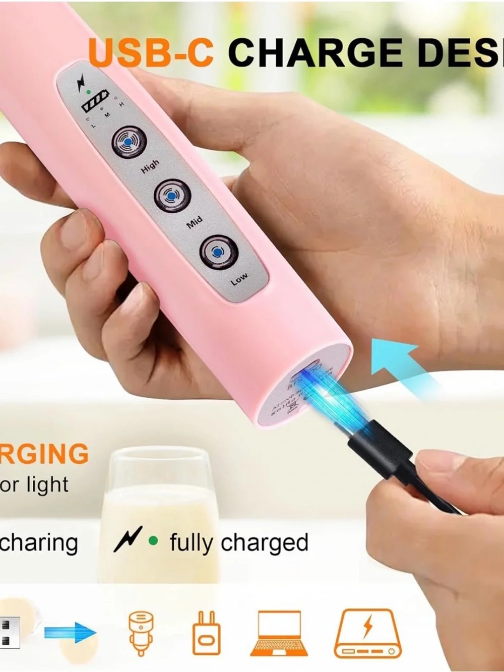 Rechargeable Milk Frother Pink | 3-Speed | USB-C | Stand Included 🌸